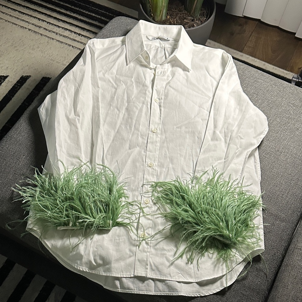 Zara White Shirt with Green Feather Details